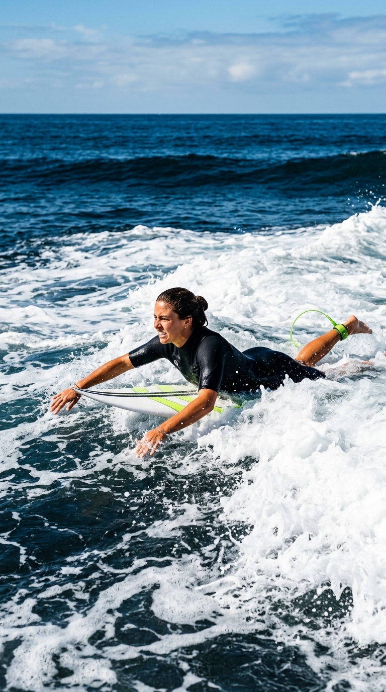 Surfer paddling out through white foam