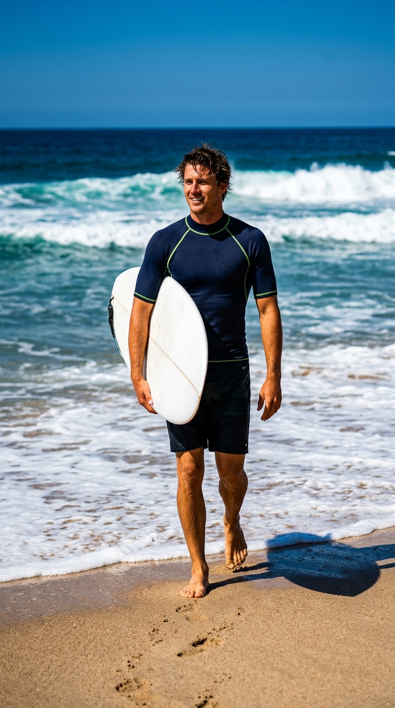 Surfer walking up the beach with board