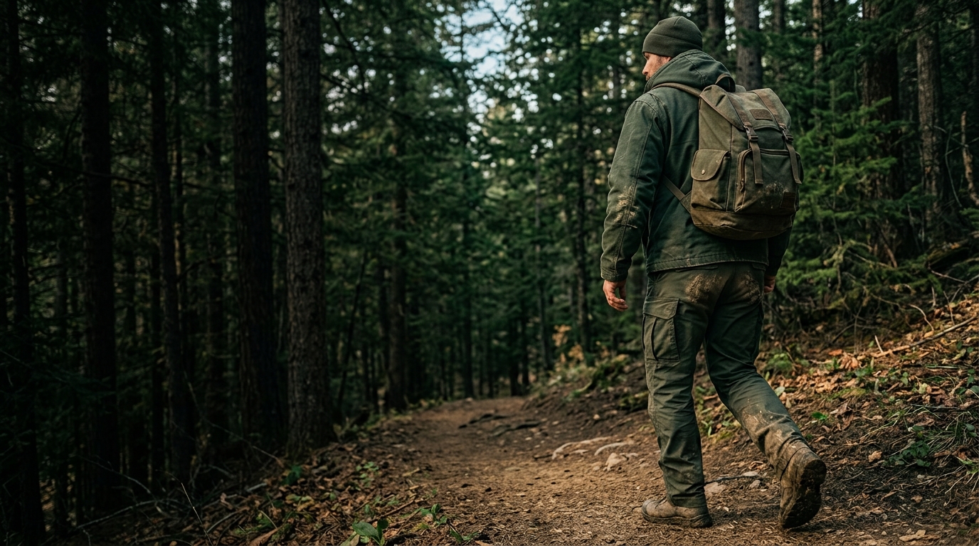 Hiker with a loaded tactical backpack on a forest trail