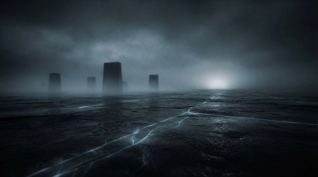 A dark plain of glass with lines of light and monoliths in the haze