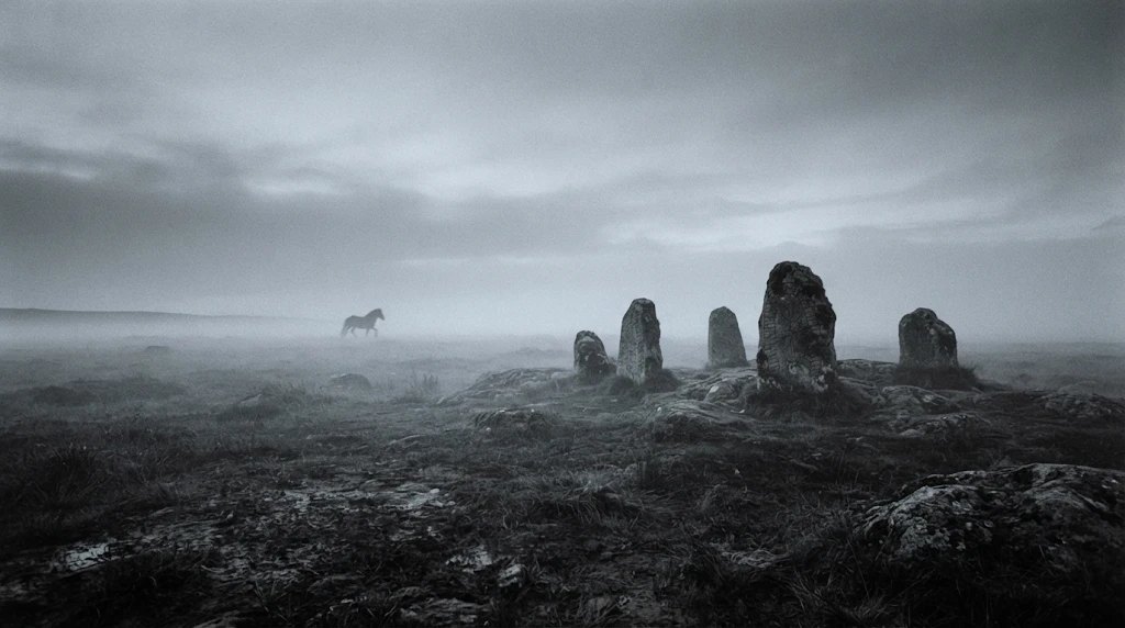 Runestones in fog at dawn, an eight-legged horse far in the distance