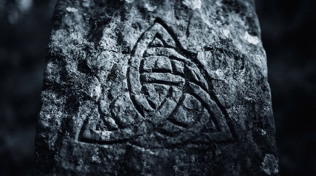 A knot carved into weathered stone