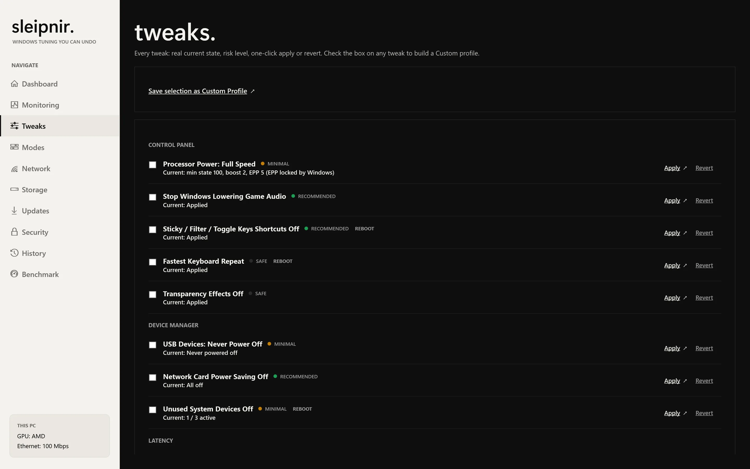 Sleipnir's Tweaks page: every tweak with its current state, Apply and Revert